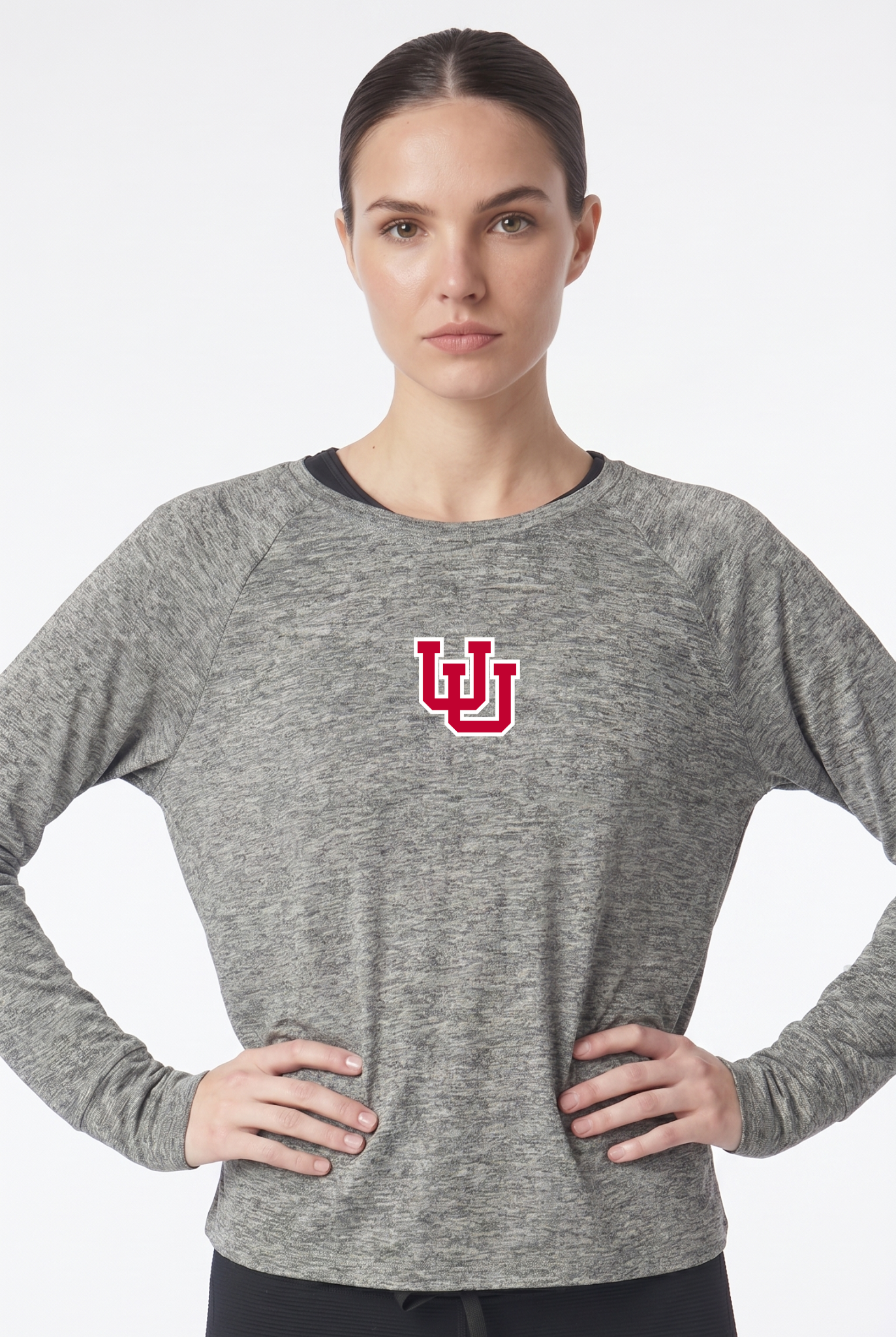 Utah Kadi Raglan Long Sleeve, Heather Grey – cropped raglan long sleeve with officially licensed team logo on upper chest, front view