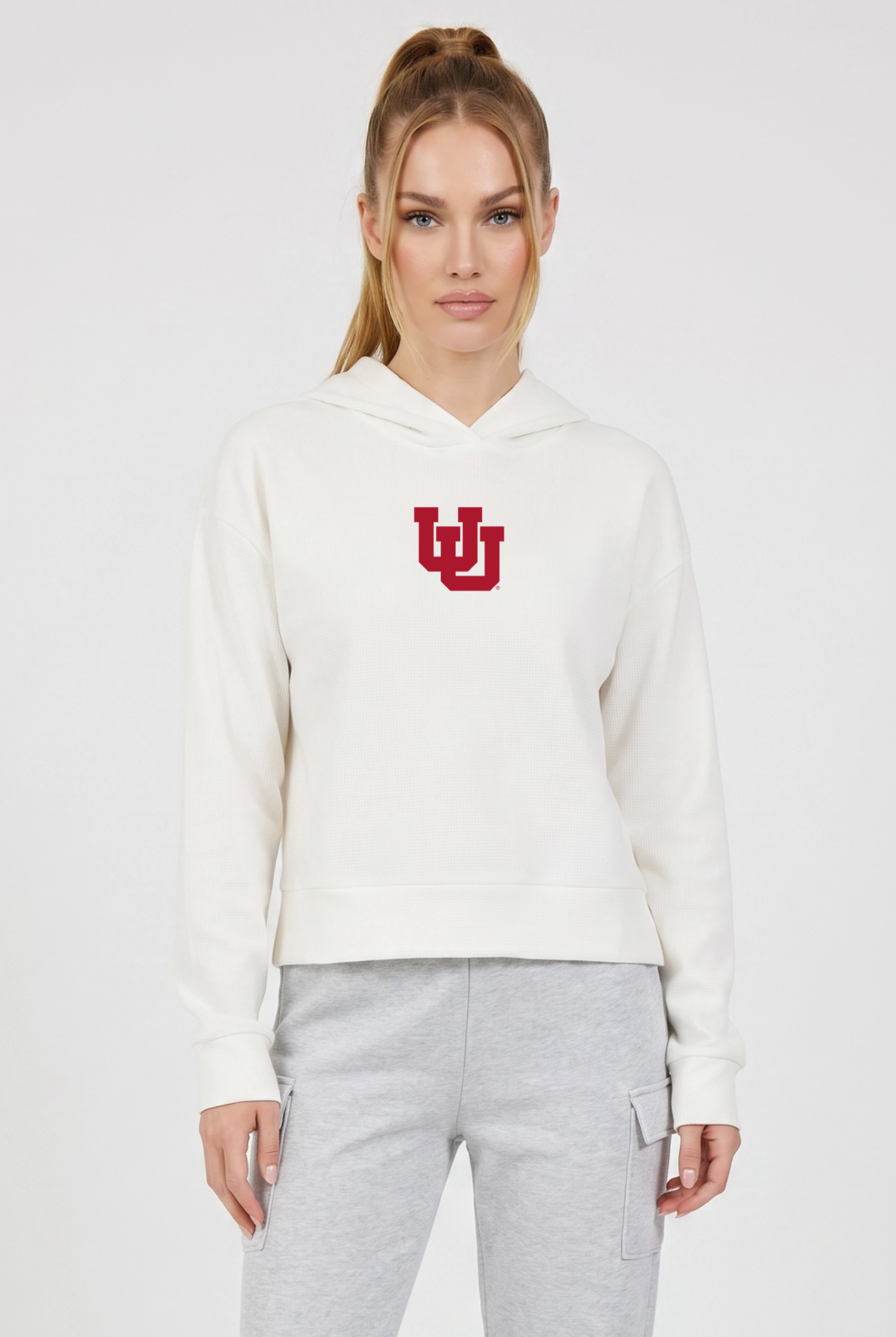 Utah Kadi Relaxed Fit Waffle Hoodie, Coconut Cream – waffle knit texture, breathable relaxed fit, front view