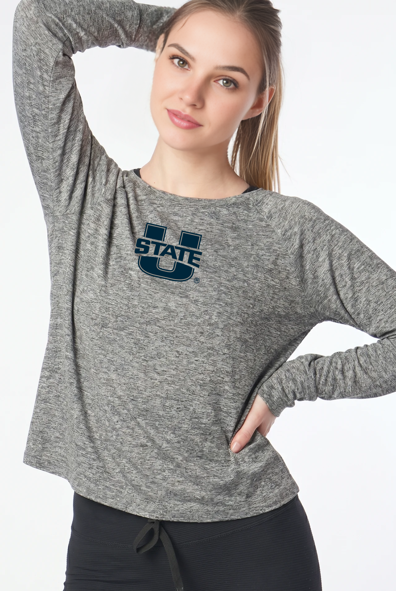 Utah State Kadi Raglan Long Sleeve, Heather Grey – cropped raglan long sleeve with officially licensed team logo on upper chest, front view