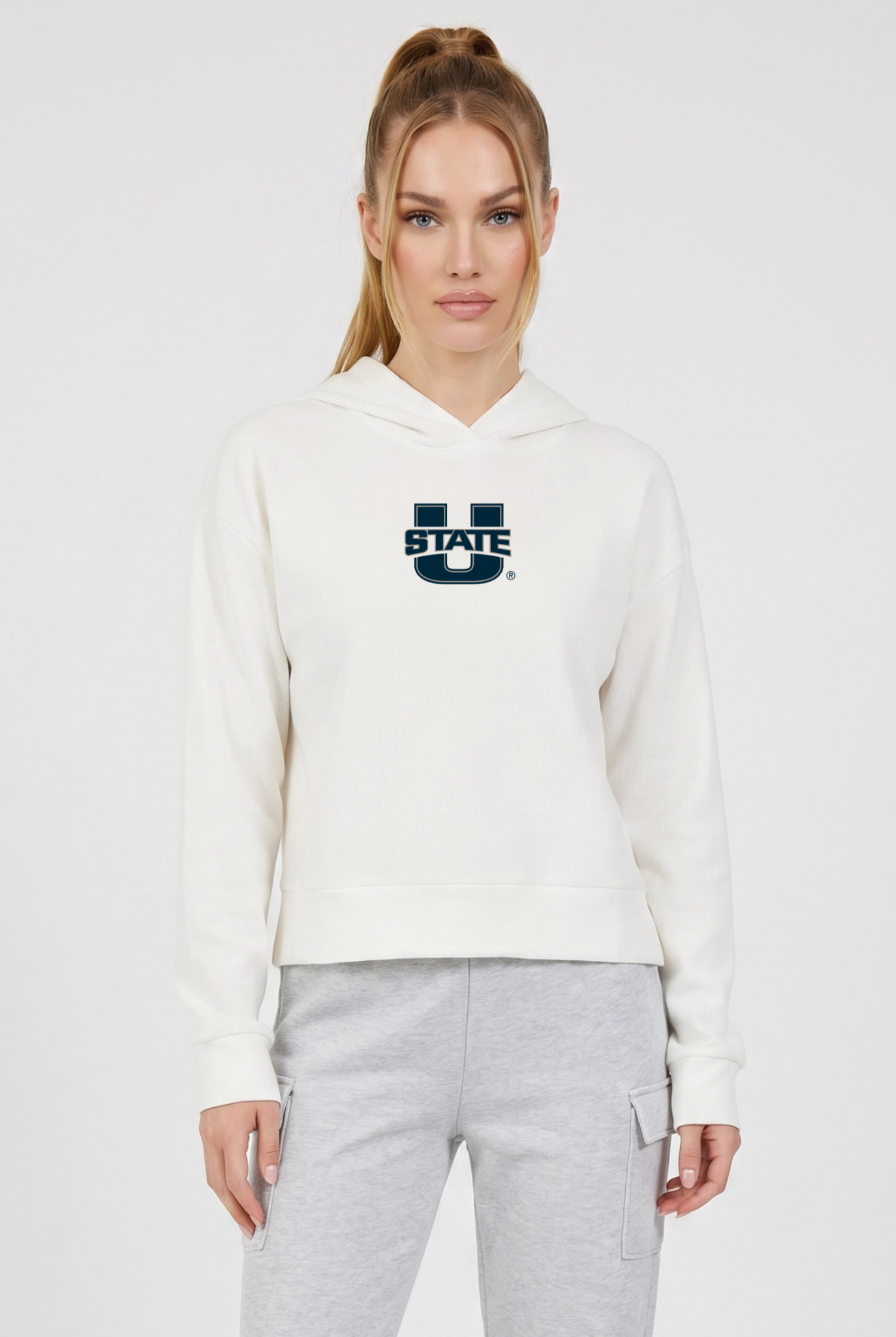 Utah State Kadi Relaxed Fit Waffle Hoodie, Coconut Cream – waffle knit texture, breathable relaxed fit, front view