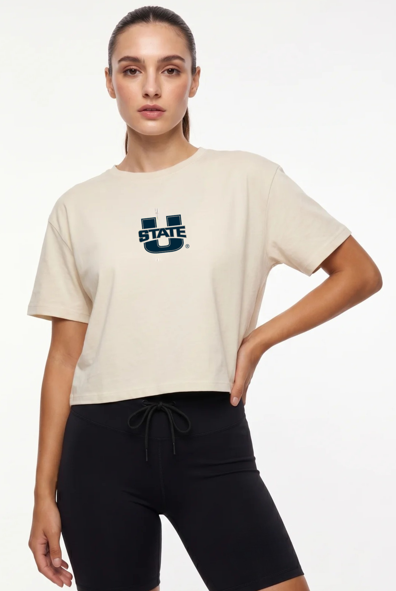 Utah State Kadi Turnout Tee, Bone colorway – modern fit tee, styled view