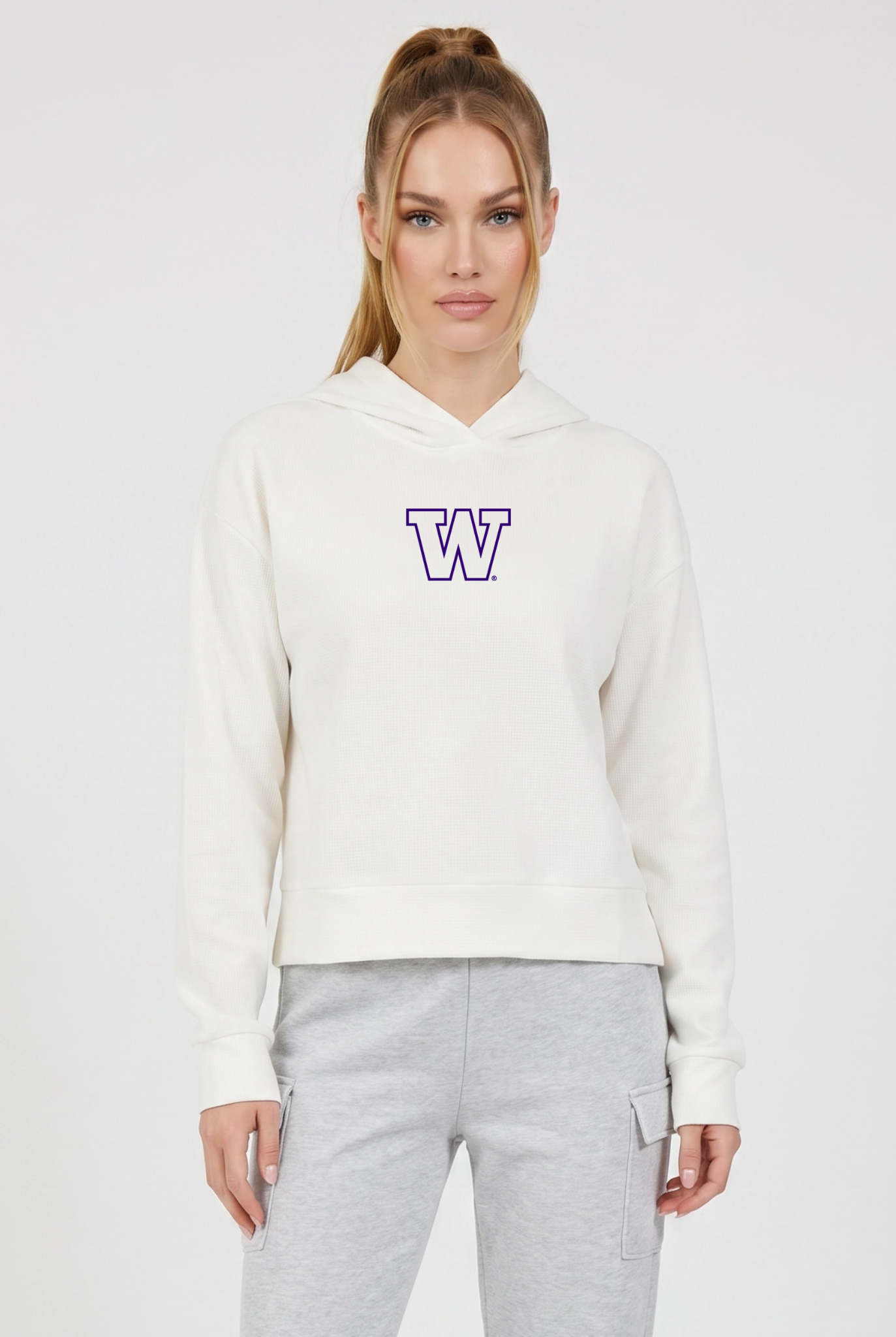 Washington Kadi Relaxed Fit Waffle Hoodie, Coconut Cream – waffle knit texture, breathable relaxed fit, front view