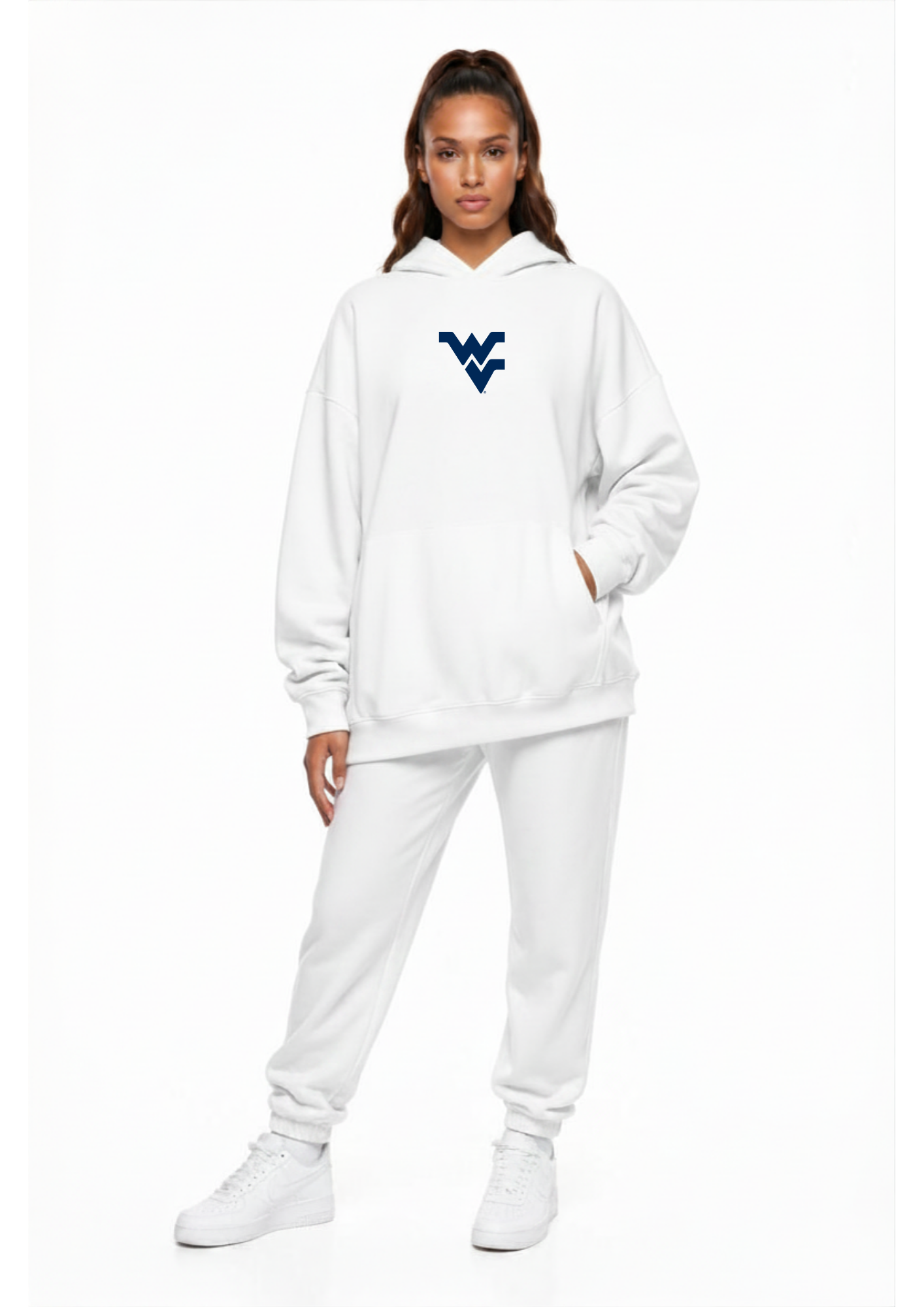 West Virginia Kadi Oversized Zipper Pocket Hoodie, White colorway – oversized fit with two functional front zipper pockets