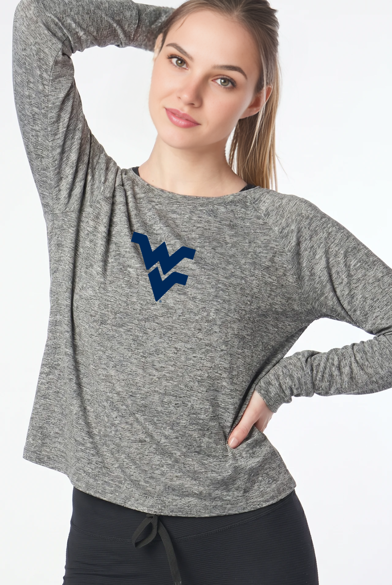 West Virginia Kadi Raglan Long Sleeve, Heather Grey – cropped raglan long sleeve with officially licensed team logo on upper chest, front view