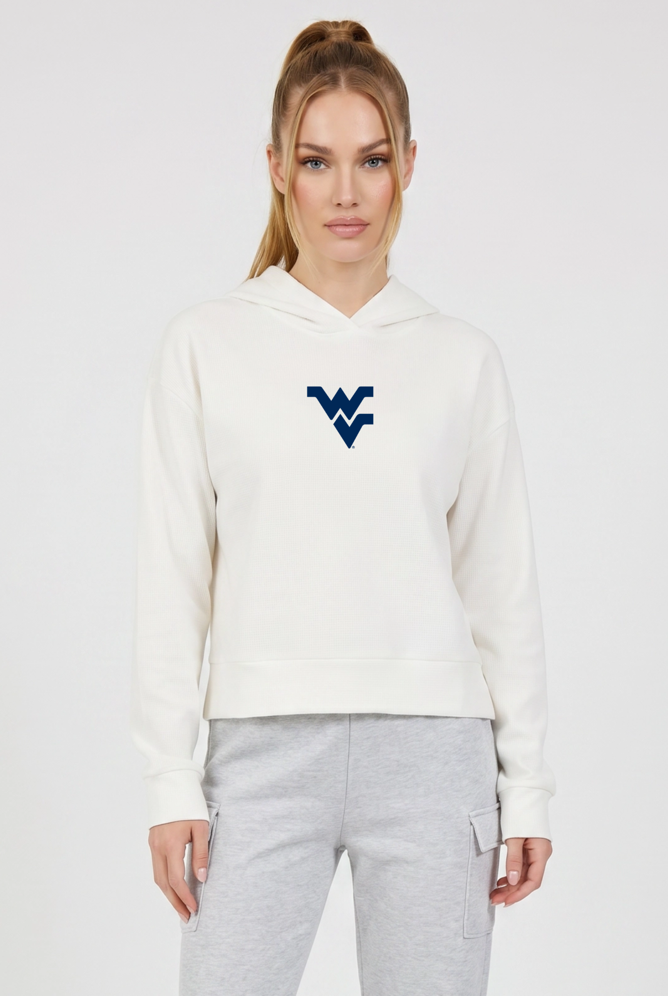 West Virginia Kadi Relaxed Fit Waffle Hoodie, Coconut Cream – waffle knit texture, breathable relaxed fit, front view